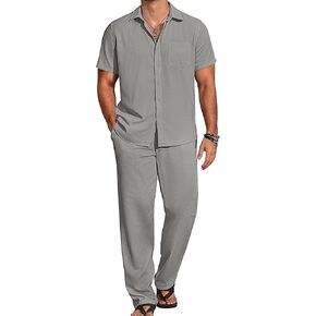 COOFANDY Mens 2 Piece Casual Beach Outfits Short Sleeve Button Down Shirts Summer Loose Pant Sets Vacation Walking Outfits