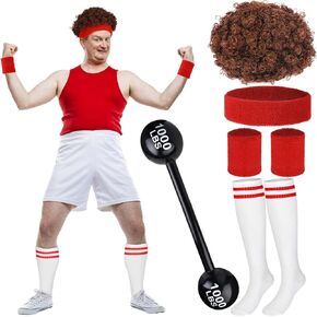 Honic 5 قطع أزياء الهالوين للرجال في الثمانينيات من اللياقة البدنية تتضمن عصابة رأس أفرو وعصابة رأس رياضية معصمه وجوارب كرة القدم ودمبل قابل للنفخ لزي التمارين الرجعية in Kuwait