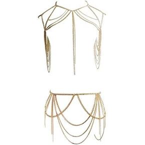 Sexy halloween women's body chain set layered chain necklace bra waist chain summer fashion Bohemian jewelry set beach party set (silvery-6985)