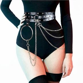 Wiwpar Punk Black Leather Waist Chain Belt with O-ring Layered Belly Body Chain Goth Rave Body Accessory for Women Girls (style5)