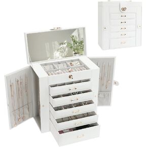 Jewelry Storage Box, Jewelry Organizer with 22 Necklace Hooks, Large Jewelry Box for Ring Bracelet Necklace Earrings (Apricot)