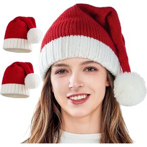 2PCS Santa Hat Christmas Hat Xmas Adult Women Men Long Soft Warm Washable Fade-restant Knit Santa Hat for Christmas New Year Festive Holiday Party Indoor Outdoor Winter Red