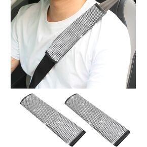 ESEWALAS PU Leather Seat Belt Shoulder Pads,Diamond Car Seatbelt Covers Glitter Rhinestone Car Seat Belt Strap Cover Shoulder Pad,Crystal Seat Belt Cushion Pad Cover Protector, (White)