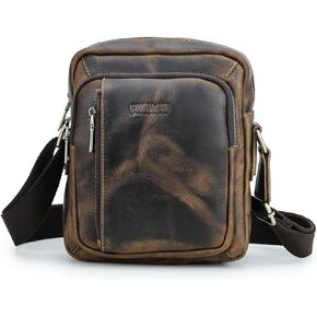 Contacts Crazy Horse Leather Small Messenger Bag for Men 7.6"x8.6" Crossbody Shoulder Bag Travel iPad Sling Purse Brown Side Bag