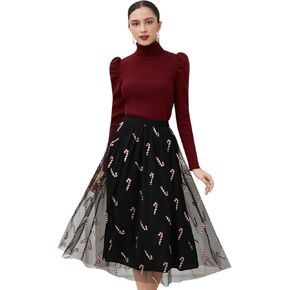 CHICWISH Women Christmas Shimmer Candy Cane Print Mesh Tulle Midi Skirt Cute High Waist A-Line Casual Holiday Skirts