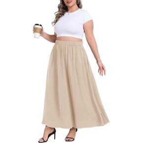 Plus Size Maxi Skirts for Women Casual Elastic High Waisted Hide Drawstring Flowy A-line Long Skirt with Pockets