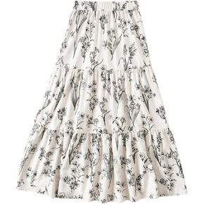 Verdusa Women's Floral Print Elastic High Waist Pleated Ruffle Flowy Long Skirts