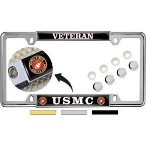 [Officially Licensed US Marine Corps Product] - USMC Veteran - Domed Custom-Made Personalized Narrow (Thin) Top 4 Hole Metal Car License Plate Frame with Free caps - Black Frame (Qty: 1)