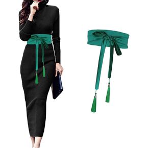 Women's Belt Tassel Strap Double Loop Imitation Silk Tie Belt Lace Up Waist Cover for Dress