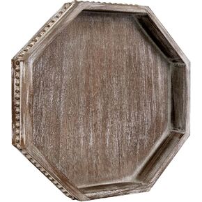 MAONAME Wood Decorative Tray, Farmhouse Wooden Tray with Beads, Vintage White Octagonal Serving Tray, Coffee Table Tray for Living Room, Kitchen, 12" X 12" X 1.6"