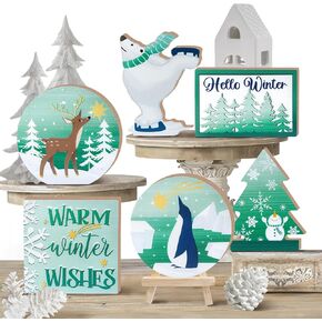 Winter Tiered Tray Decor, Hello Winter Tray Decorations, Let It Snow Seasonal Wooden Signs, Christmas Rustic Farmhouse Home Decor for Table Shelf Mantel Party