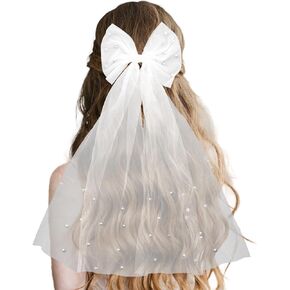 Bridal Pearl Hair Bow Veil Bride White Lace Veil Wedding Veils for Brides Bridesmaid Gifts Bachelorette Party Favors