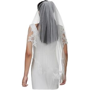 SAMKY Light Ivory Bridal Wedding Veil with Flower Vine Embroidery Crystal Details - Fingertip Length 36"