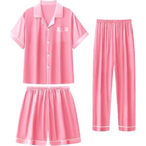 Girls Silk Pajamas Set,Girl Satin Pajamas 3 Piece Button-up Nightwear Loungewear，Girls PJS Clothes for 4T-15Years