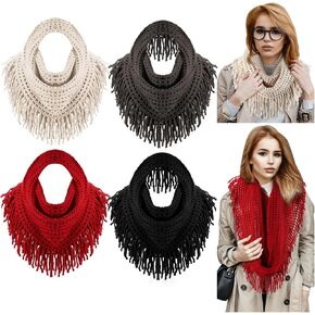 Coume 4 Pcs Winter Scarf for Women Thick Neck Cozy Knit Cable Scarf Fringe Infinity Loop Scarf, Black, Burgundy, Grey, White