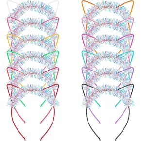 WHAVEL 12 PCS Cat Ears Headband Shiny Sequin Cat Ears Cute Plastic Cat Headband Colorful Cat Ears