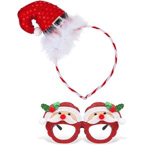 Christmas Santa Hat Headband for Kids Red Xmas Hat Headband and Glasses Eyeglasses New Year Holiday Party for Kids
