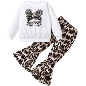 Toddler Girl Clothes Figure Graphic Drop Shoulder Top Pullover Leopard Print Flared Pants Fall Winter Outfit Set in Saudi Arabia