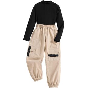 Floerns Girl's 2 Piece Outfit Long Sleeve Tshirt Top with Elastic Waist Cargo Pants Set