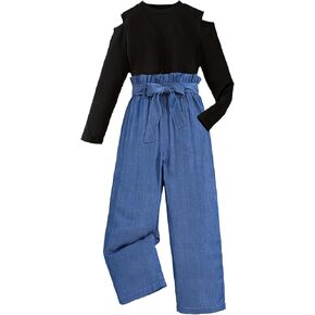 Girls 2 piece outfit Cold Shoulder Top with Loose Style Solid Color Pants With Belt Set jumpsuit set 7-13 Years