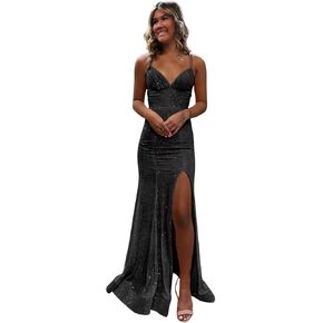 VCCICANY Spaghetti Straps Mermaid Champagne Prom Dresses for Women 2024 Glitter Formal Gown Size 10