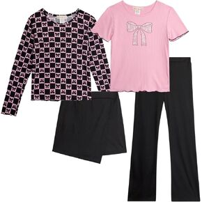 that's my girl Girls' Leggings Set - 4 Piece Mix and Match Flare Leg Pants, Baby Tee, Long Sleeve T-Shirt, Skort: Made in USA