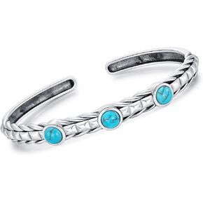 Genuine 3 Turquoise Stone Bracelet, Sterling Silver Boho Adjustable Bangle Cuff Native American Western Jewelry for Women, Fit for 6.5 7 7.5 Inches