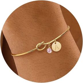 Initial Birthstone Gold Bracelets for Women Trendy 14K Gold Plated Letter A-Z Initial Charm Bracelet Tie the Love Knot Adjustable Cuff Bangle Birthstone Bracelets Birthday Bridesmaid Proposal Gifts