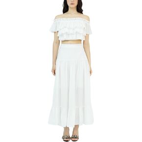 Womens 2025 Floral Skirt Set 2 Piece Off Shoulder Empire Waist Chiffon Ruffle Flowy Swing Casual Wear White