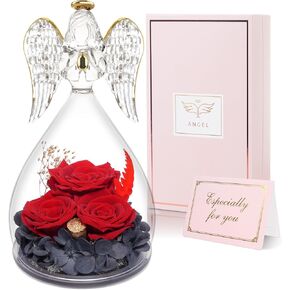 Yamonic Mom Birthday Gifts for Mom Women, Glass Angel Figurines with Three Real Rose Gifts for Her Mom Grandma, Preserved Flowers Rose Angel Gifts for Mothers Day Christmas Anniversary Birthday (Red)