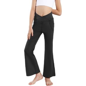 Girls Flare Leggings with Pockets, V Cross High Waisted Bootcut, Yoga Dance Pants Kids Full Length Bell Bottoms