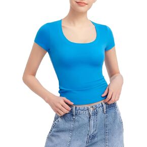 PUMIEY Women's T Shirts Short Sleeve Scoop Neck Basic Going Out Tops Fashion Slim Fit Tee Smoke Cloud Pro Collection
