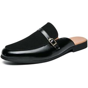 Men's Leather Metal Buckle Low Heel Formal Mules Retro Round Toe Suede Stitching Comfortable Non-Slip Flat Slingback Business Work Formal Half Slippers