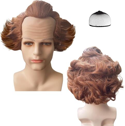 Short Bald Wig Fluffy Synthetic Brown Wig Costume Wig for Halloween Party for Men Wavy Wig with Wig Cap in Saudi Arabia