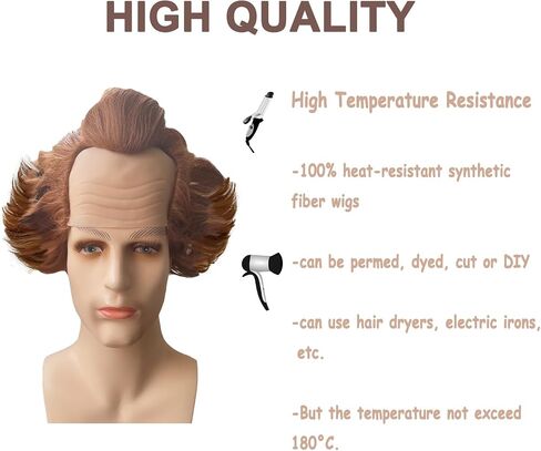 Short Bald Wig Fluffy Synthetic Brown Wig Costume Wig for Halloween Party for Men Wavy Wig with Wig Cap in Saudi Arabia