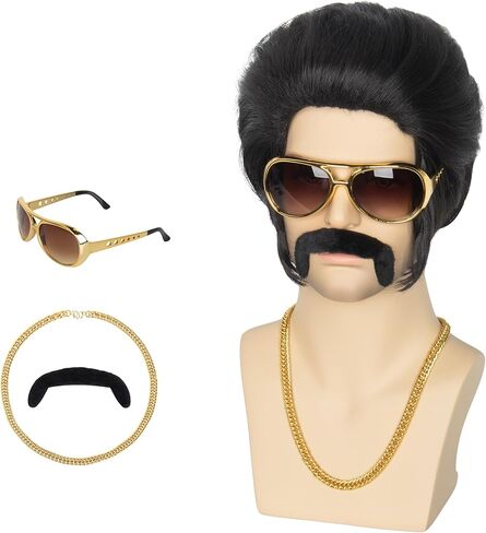 شعر مستعار للرجال من يان دريم 50s 60s شعر مستعار روكستار قصير شعر مستعار أسود مع سوالف شعر مستعار للحفلات التنكرية مع نظارات وقلادة وشارب in Kuwait