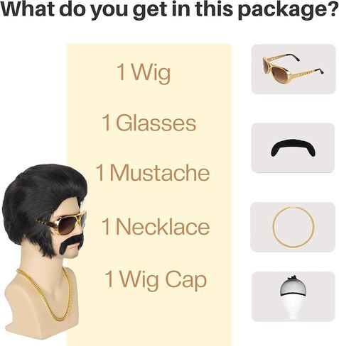 شعر مستعار للرجال من يان دريم 50s 60s شعر مستعار روكستار قصير شعر مستعار أسود مع سوالف شعر مستعار للحفلات التنكرية مع نظارات وقلادة وشارب in Kuwait