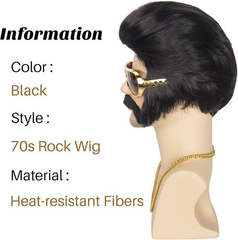 شعر مستعار للرجال من يان دريم 50s 60s شعر مستعار روكستار قصير شعر مستعار أسود مع سوالف شعر مستعار للحفلات التنكرية مع نظارات وقلادة وشارب in Kuwait