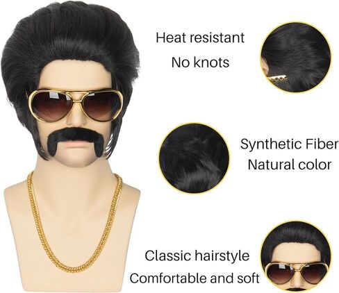 شعر مستعار للرجال من يان دريم 50s 60s شعر مستعار روكستار قصير شعر مستعار أسود مع سوالف شعر مستعار للحفلات التنكرية مع نظارات وقلادة وشارب in Kuwait