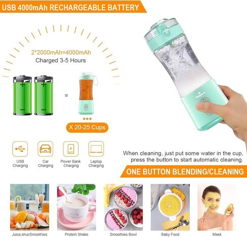 خلاط Vaeqozva المحمول - خلاط شخصي للمخفوقات والعصائر، خلاط صغير قابل لإعادة الشحن عبر USB، سعة 16 أونصة، صانع عصير صغير أثناء التنقل، كوب خلاط لرياضات السفر والسرعة والواط in Kuwait