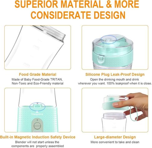 خلاط Vaeqozva المحمول - خلاط شخصي للمخفوقات والعصائر، خلاط صغير قابل لإعادة الشحن عبر USB، سعة 16 أونصة، صانع عصير صغير أثناء التنقل، كوب خلاط لرياضات السفر والسرعة والواط in Kuwait