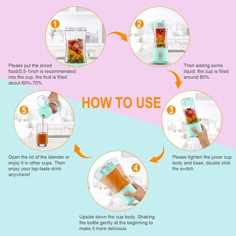 خلاط Vaeqozva المحمول - خلاط شخصي للمخفوقات والعصائر، خلاط صغير قابل لإعادة الشحن عبر USB، سعة 16 أونصة، صانع عصير صغير أثناء التنقل، كوب خلاط لرياضات السفر والسرعة والواط in Kuwait