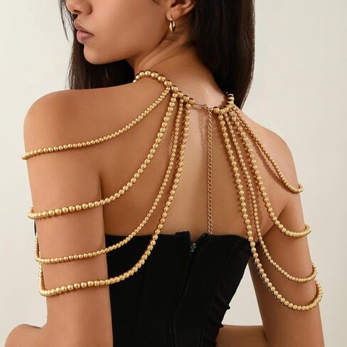 YERTTER Dainty مثير خرز ذهبي سلسلة عنق الكتف طبقات اللؤلؤ الجسم سلسلة الكتف القلائد سلسلة الصدرية للنساء in Kuwait
