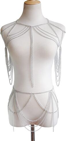 Sexy halloween women's body chain set layered chain necklace bra waist chain summer fashion Bohemian jewelry set beach party set (silvery-6985) in Saudi Arabia