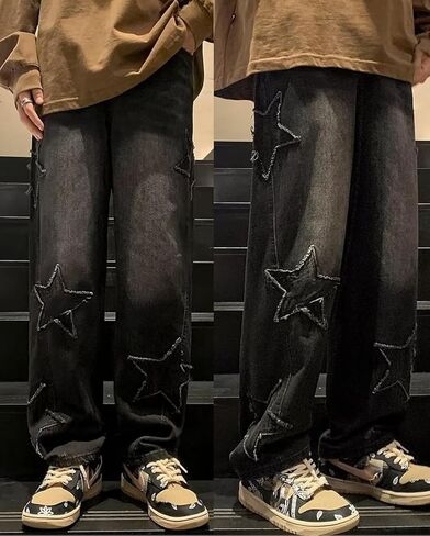 Mens Y2k Star Jeans High Waisted Hip Hop Streetwear Jeans Loose Baggy Embroidery Aesthetic Harajuku Denim Pants in Saudi Arabia