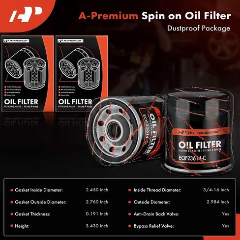 فلتر الزيت A-Premium 10K Miles متوافق مع Ford & Chevy & Toyota & Nissan & Volkswagen & Jeep & Subaru & Dodge & Lexus & Mazda & Chrysler & Audi، استبدال # 04E115561B، PH3614 in Kuwait