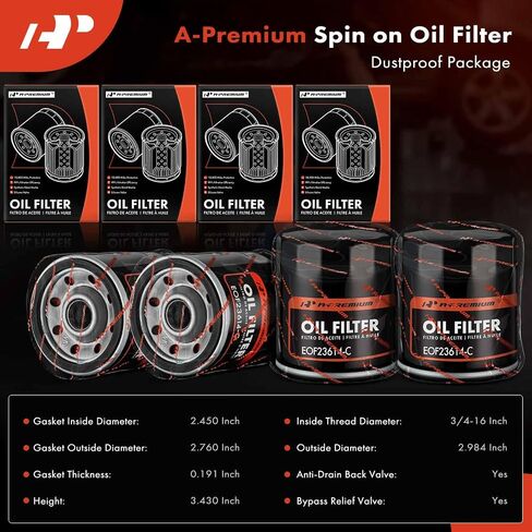 فلتر الزيت A-Premium 10K Miles متوافق مع Ford & Chevy & Toyota & Nissan & Volkswagen & Jeep & Subaru & Dodge & Lexus & Mazda & Chrysler & Audi، استبدال # 04E115561B، PH3614 in Kuwait