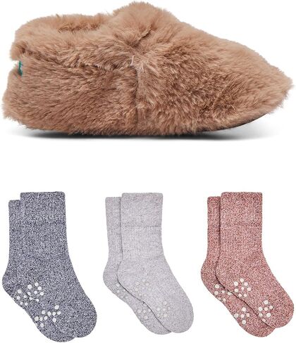 Ten Little Kids Cozy Slippers for Toddler Boys & Girls, Faux-Fur with Warm Fleece Lining - Size 10/11 & Organic Cotton Cozy Socks, Warm Thermal Cushioning Socks in Kuwait