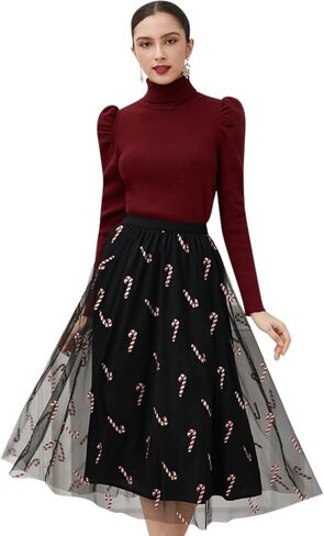 CHICWISH Women Christmas Shimmer Candy Cane Print Mesh Tulle Midi Skirt Cute High Waist A-Line Casual Holiday Skirts in Kuwait