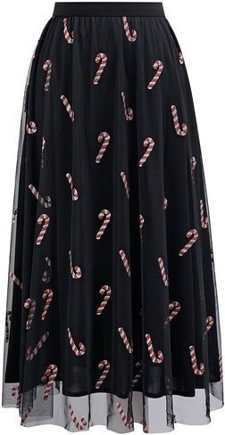 CHICWISH Women Christmas Shimmer Candy Cane Print Mesh Tulle Midi Skirt Cute High Waist A-Line Casual Holiday Skirts in Kuwait